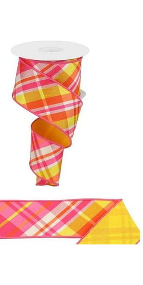 2.5" Diagonal Plaid Fused Ribbon: Hot Pink/Yellow (10 Yards) - Michelle's aDOORable Creations - Wired Edge Ribbon