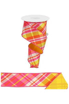 2.5" Diagonal Plaid Fused Ribbon: Hot Pink/Yellow (10 Yards) - Michelle's aDOORable Creations - Wired Edge Ribbon