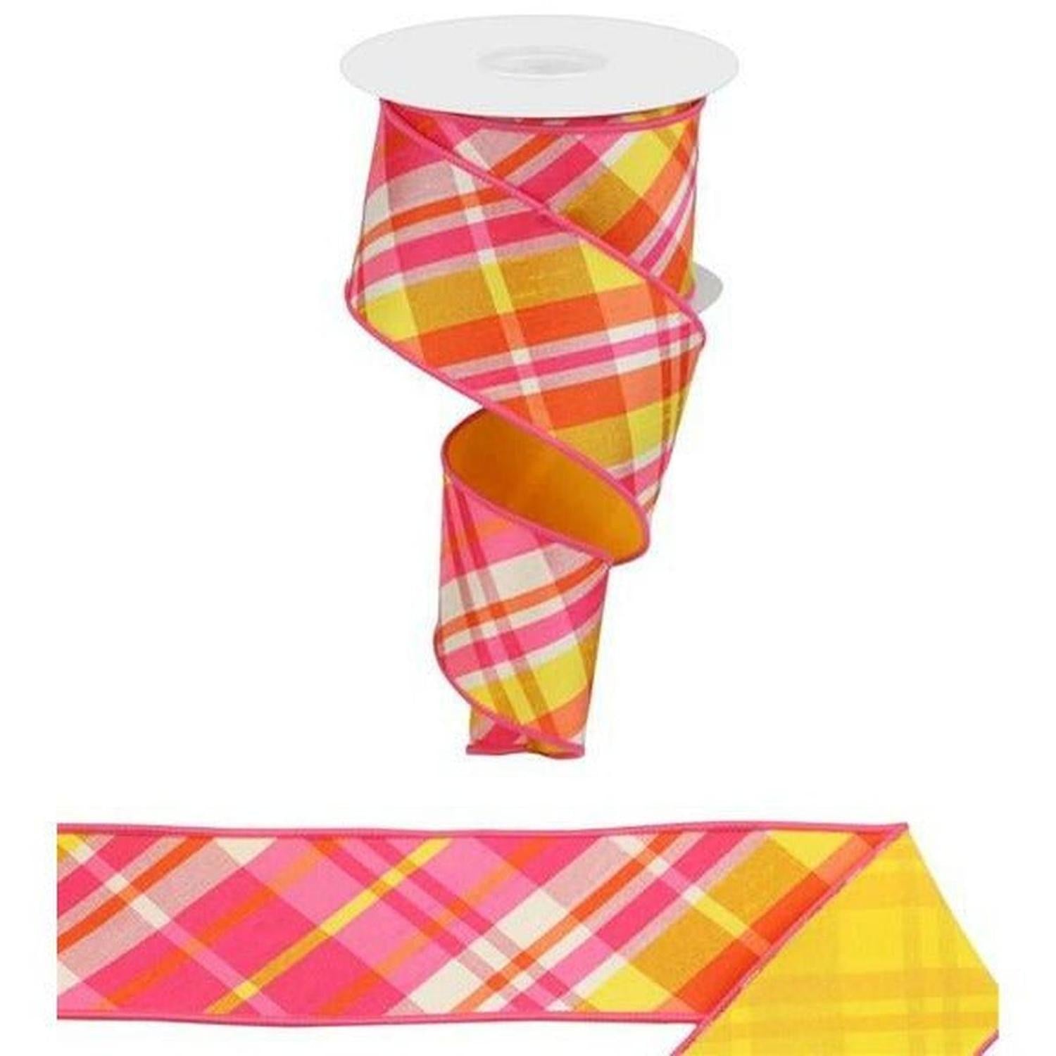 Shop For 2.5" Diagonal Plaid Fused Ribbon: Hot Pink/Yellow (10 Yards) at Michelle's aDOORable Creations
