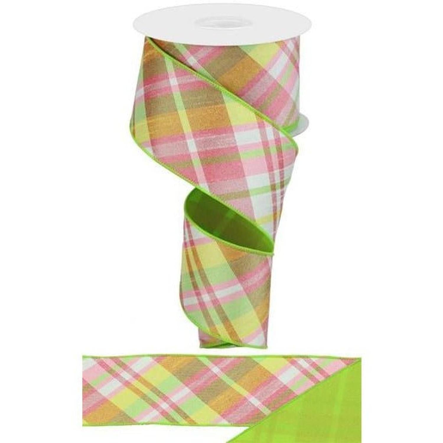 2.5" Diagonal Plaid Fused Ribbon: Spring Green (10 Yards)