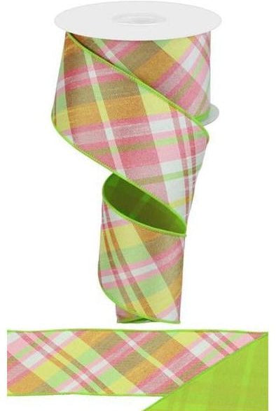 2.5" Diagonal Plaid Fused Ribbon: Spring Green (10 Yards) - Michelle's aDOORable Creations - Wired Edge Ribbon