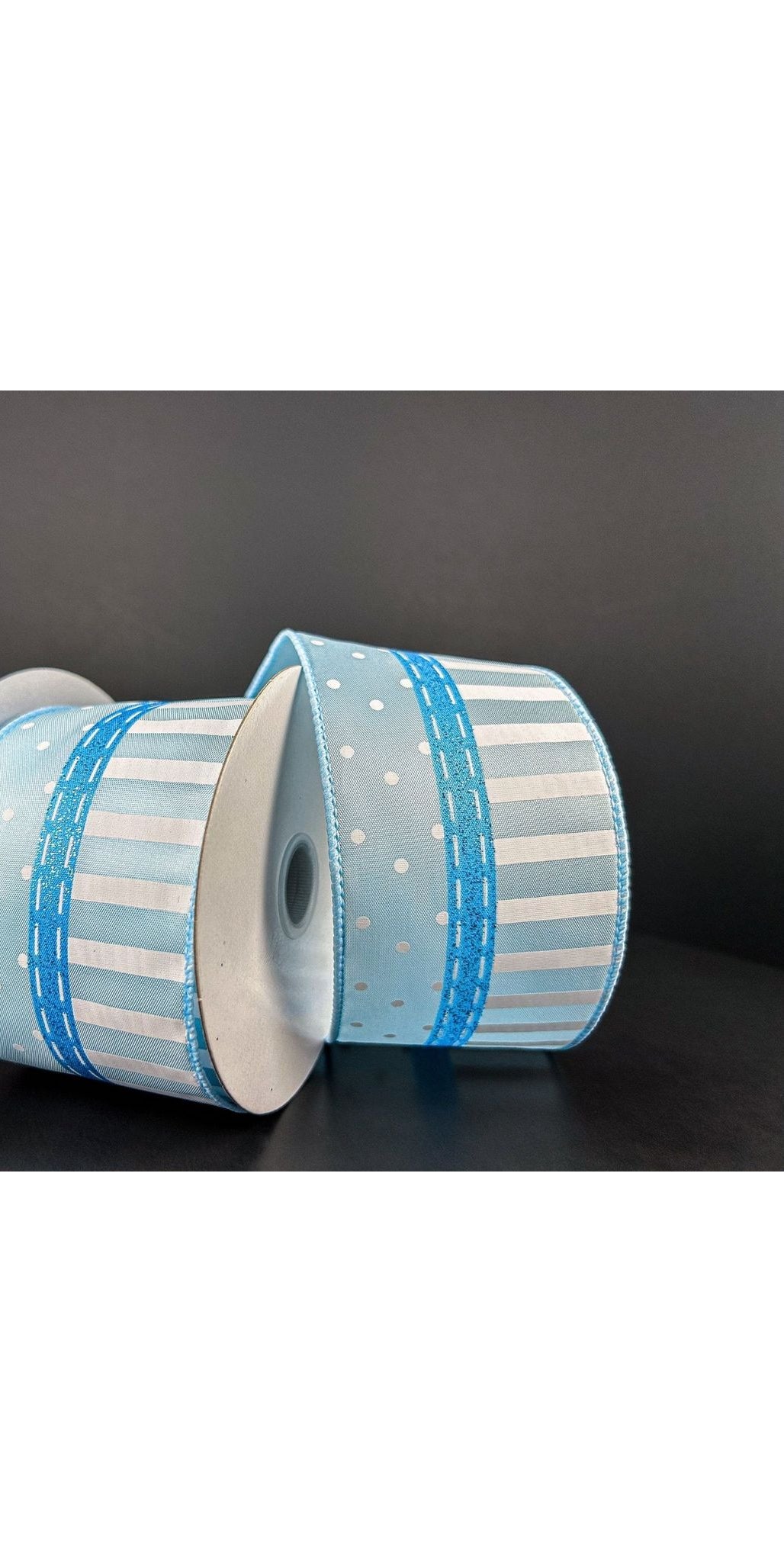 2.5" Dots and Stripes Whimsy Ribbon: Blue & White (10 Yards) - Michelle's aDOORable Creations - Wired Edge Ribbon