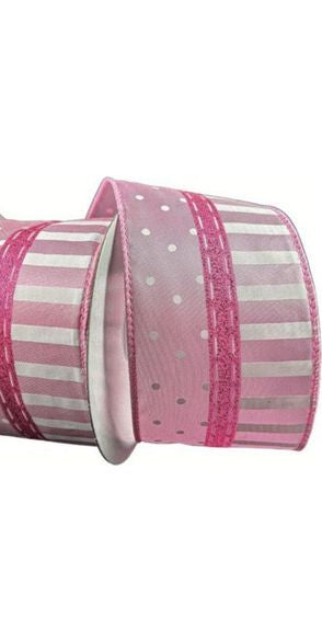2.5" Dots and Stripes Whimsy Ribbon: Pink & White (10 Yards) - Michelle's aDOORable Creations - Wired Edge Ribbon