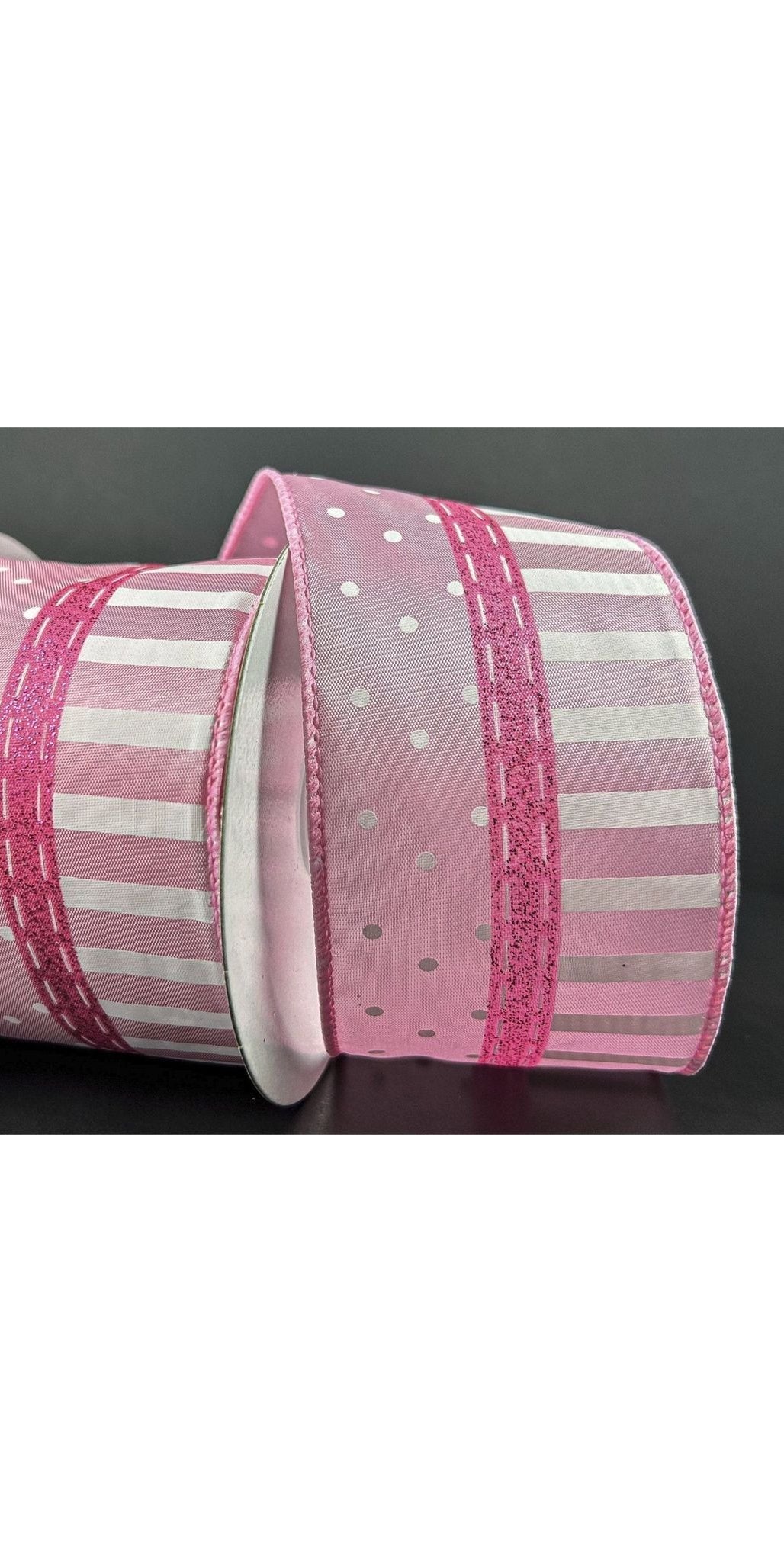 2.5" Dots and Stripes Whimsy Ribbon: Pink & White (10 Yards) - Michelle's aDOORable Creations - Wired Edge Ribbon