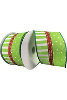 2.5" Dots and Stripes Whimsy Ribbon: Red, Green & White (10 Yards) - Michelle's aDOORable Creations - Wired Edge Ribbon