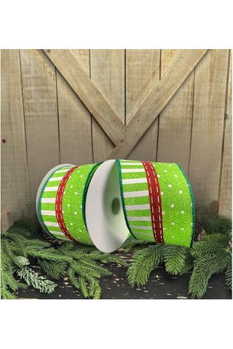 2.5" Dots and Stripes Whimsy Ribbon: Red, Green & White (10 Yards) - Michelle's aDOORable Creations - Wired Edge Ribbon