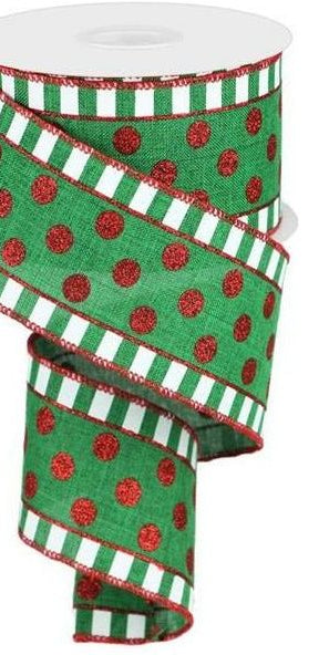 2.5" Dots & Stripes Glitter Ribbon: Emerald Green, White & Red (10 Yards) - Michelle's aDOORable Creations - Wired Edge Ribbon