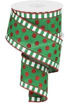 2.5" Dots & Stripes Glitter Ribbon: Emerald Green, White & Red (10 Yards) - Michelle's aDOORable Creations - Wired Edge Ribbon