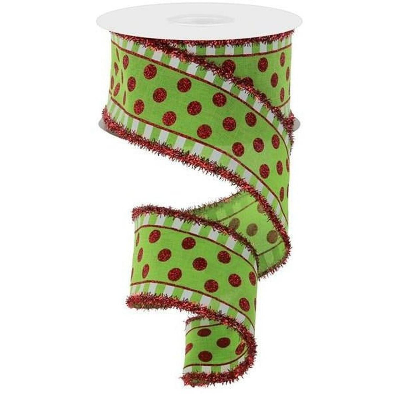 2.5" Dots & Stripes Glitter Tinsel Edge Ribbon: Lime Green, White & Red (10 Yards)