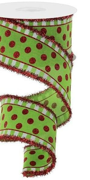 2.5" Dots & Stripes Glitter Tinsel Edge Ribbon: Lime Green, White & Red (10 Yards) - Michelle's aDOORable Creations - Wired Edge Ribbon