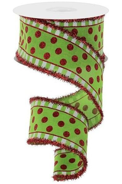 2.5" Dots & Stripes Glitter Tinsel Edge Ribbon: Lime Green, White & Red (10 Yards) - Michelle's aDOORable Creations - Wired Edge Ribbon