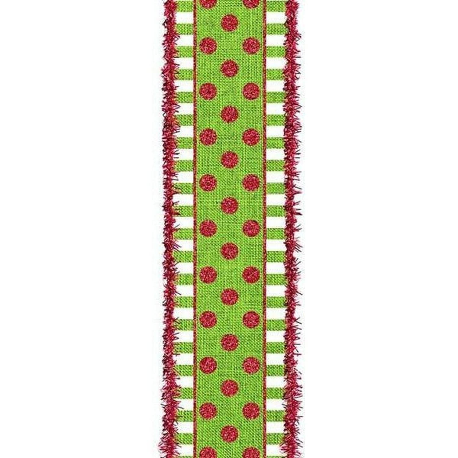 2.5" Dots & Stripes Glitter Tinsel Edge Ribbon: Lime Green, White & Red (10 Yards)