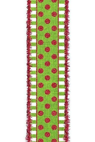 2.5" Dots & Stripes Glitter Tinsel Edge Ribbon: Lime Green, White & Red (10 Yards) - Michelle's aDOORable Creations - Wired Edge Ribbon