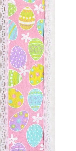 2.5" Easter Egg Lace Ribbon: Light Pink (10 Yards) - Michelle's aDOORable Creations - Wired Edge Ribbon