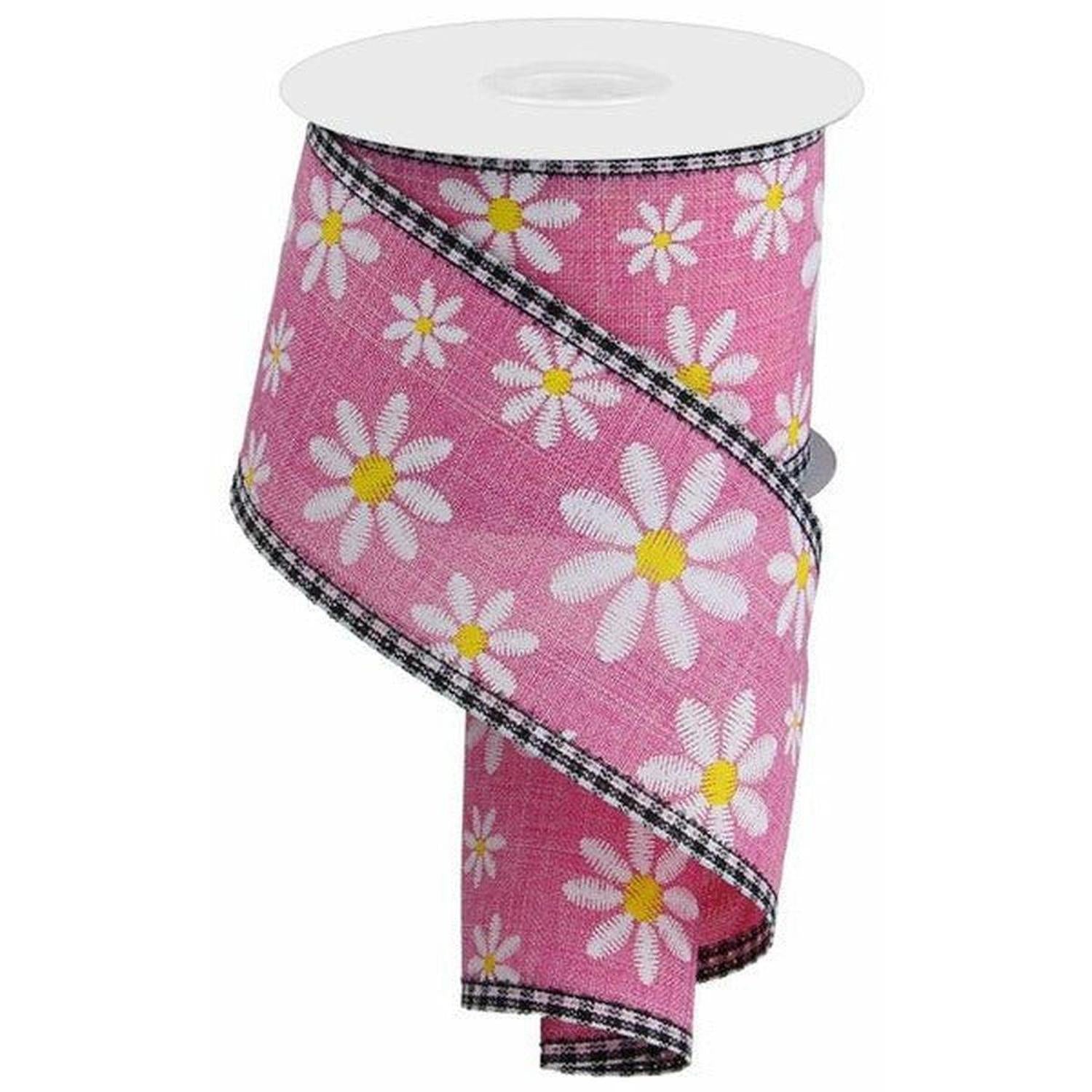 2.5" Embroidered Daisy Check Ribbon: Pink (10 Yards)