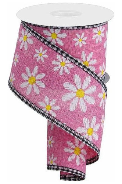 2.5" Embroidered Daisy Check Ribbon: Pink (10 Yards) - Michelle's aDOORable Creations - Wired Edge Ribbon