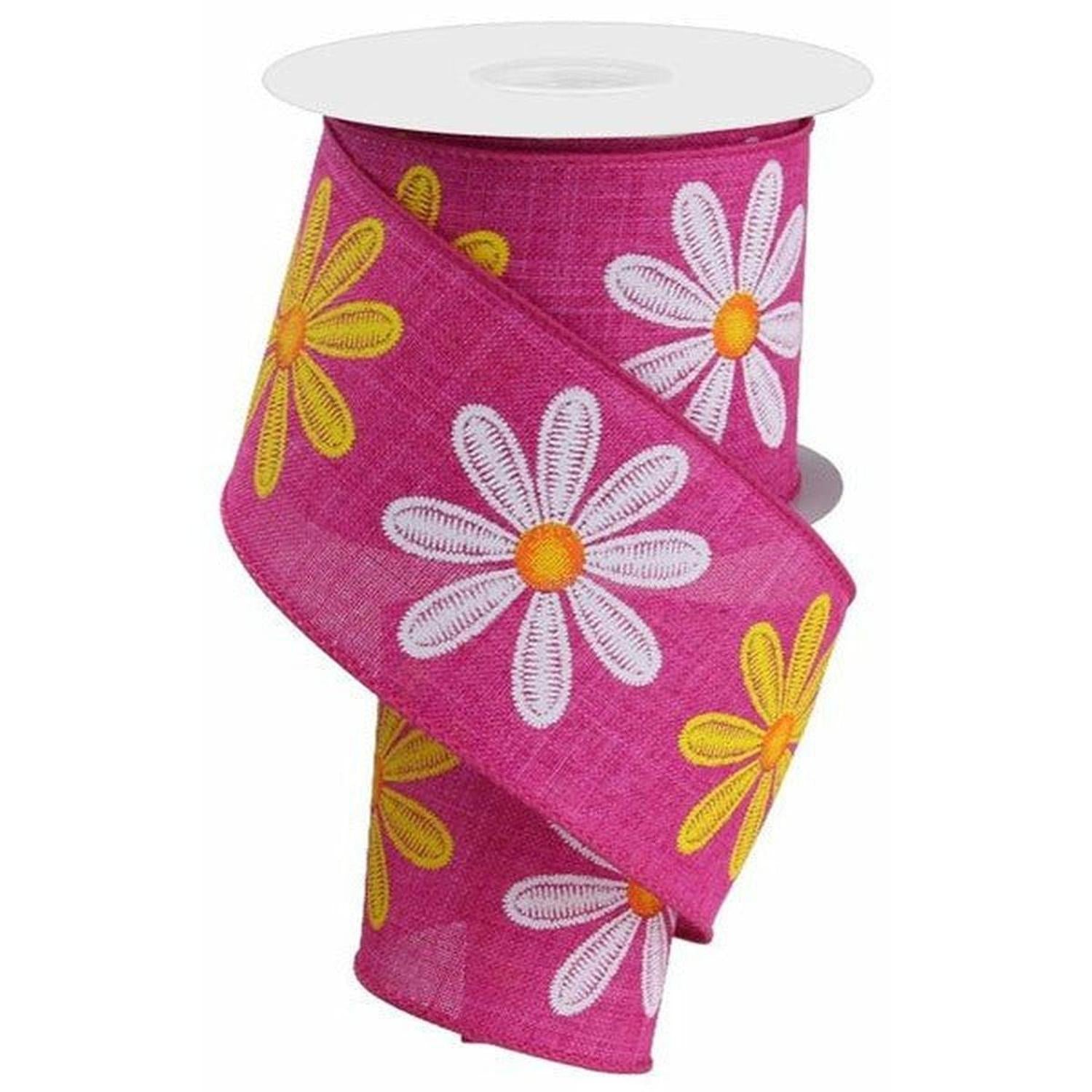 2.5" Embroidered Daisy Ribbon: Fuchsia (10 Yards)