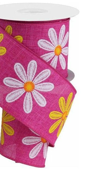 2.5" Embroidered Daisy Ribbon: Fuchsia (10 Yards) - Michelle's aDOORable Creations - Wired Edge Ribbon