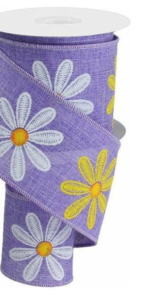 2.5" Embroidered Daisy Ribbon: Lavender (10 Yards) - Michelle's aDOORable Creations - Wired Edge Ribbon