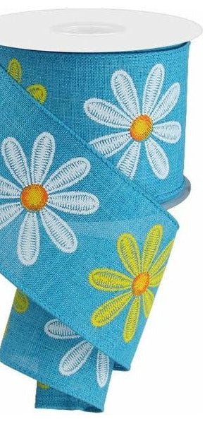 2.5" Embroidered Daisy Ribbon: Turquoise (10 Yards) - Michelle's aDOORable Creations - Wired Edge Ribbon
