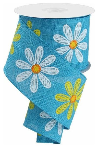 2.5" Embroidered Daisy Ribbon: Turquoise (10 Yards) - Michelle's aDOORable Creations - Wired Edge Ribbon
