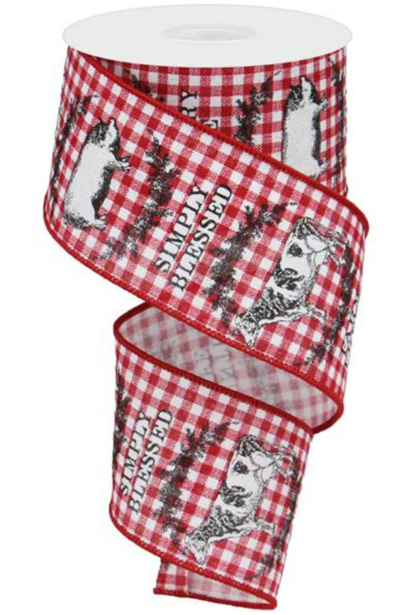 2.5" Farmhouse Animals Ribbon: Red Gingham Check (10 Yards) - Michelle's aDOORable Creations - Wired Edge Ribbon