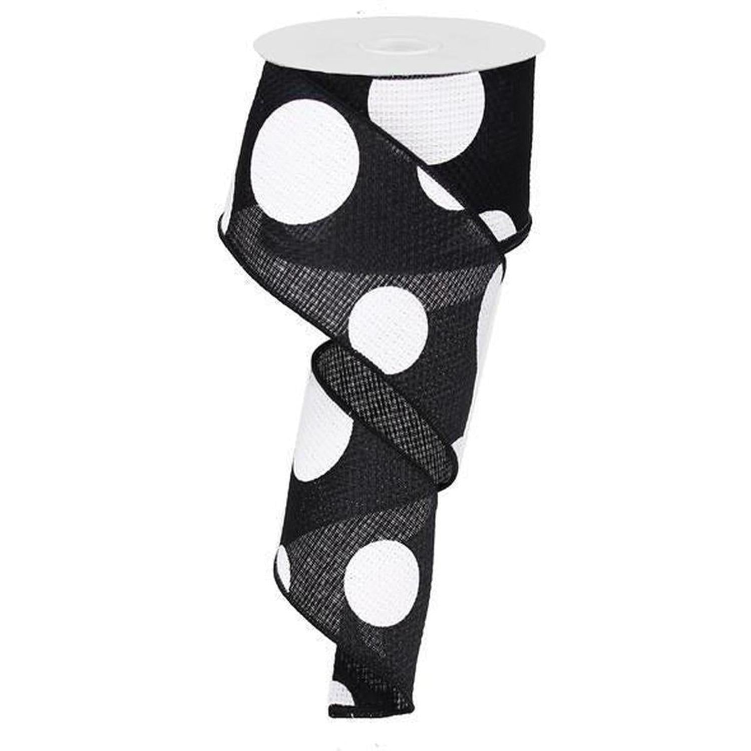 2.5" Faux Burlap Giant Polka Dot Ribbon: Black & White (10 Yards)