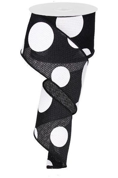 2.5" Faux Burlap Giant Polka Dot Ribbon: Black & White (10 Yards) - Michelle's aDOORable Creations - Wired Edge Ribbon