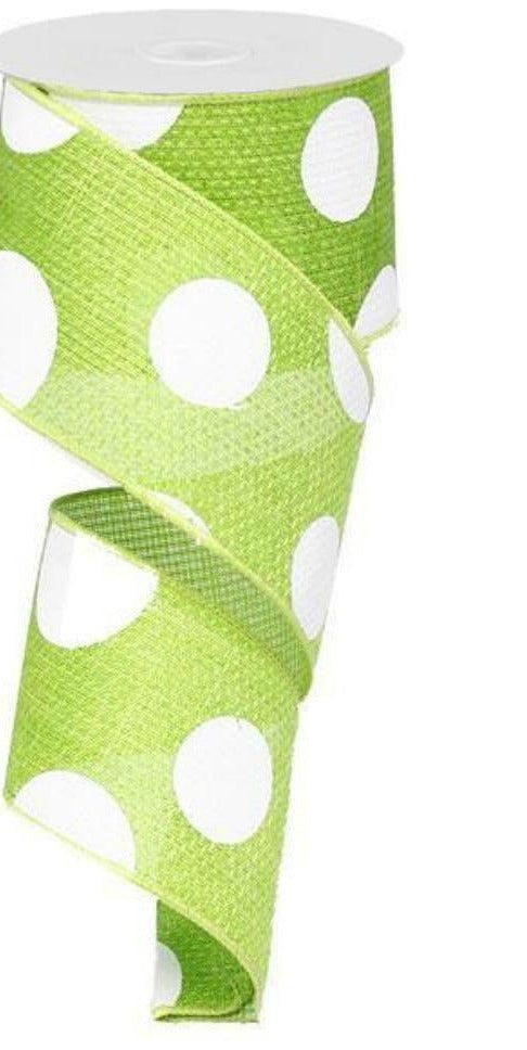 2.5" Faux Burlap Giant Polka Dot Ribbon: Lime Green & White (10 Yards) - Michelle's aDOORable Creations - Wired Edge Ribbon