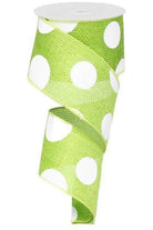 2.5" Faux Burlap Giant Polka Dot Ribbon: Lime Green & White (10 Yards) - Michelle's aDOORable Creations - Wired Edge Ribbon