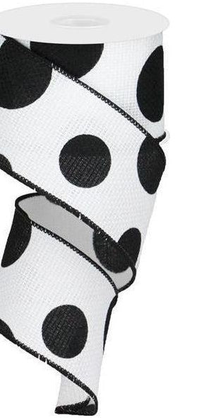 2.5" Faux Burlap Giant Polka Dot Ribbon: White & Black (10 Yards) - Michelle's aDOORable Creations - Wired Edge Ribbon