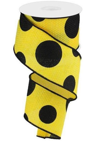 2.5" Faux Burlap Giant Polka Dot Ribbon: Yellow & Black (10 Yards) - Michelle's aDOORable Creations - Wired Edge Ribbon