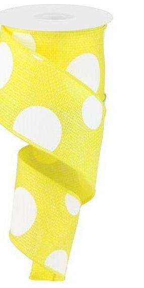 2.5" Faux Burlap Giant Polka Dot Ribbon: Yellow & White (10 Yards) - Michelle's aDOORable Creations - Wired Edge Ribbon