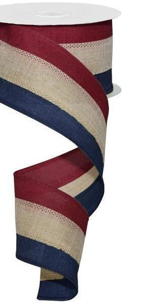 2.5" Faux Burlap Striped Ribbon: Burgundy, Beige, Navy (10 Yards) - Michelle's aDOORable Creations - Wired Edge Ribbon
