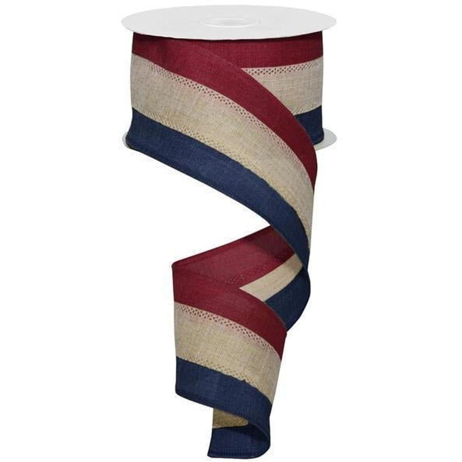 Shop For 2.5" Faux Burlap Striped Ribbon: Burgundy, Beige, Navy (10 Yards) at Michelle's aDOORable Creations