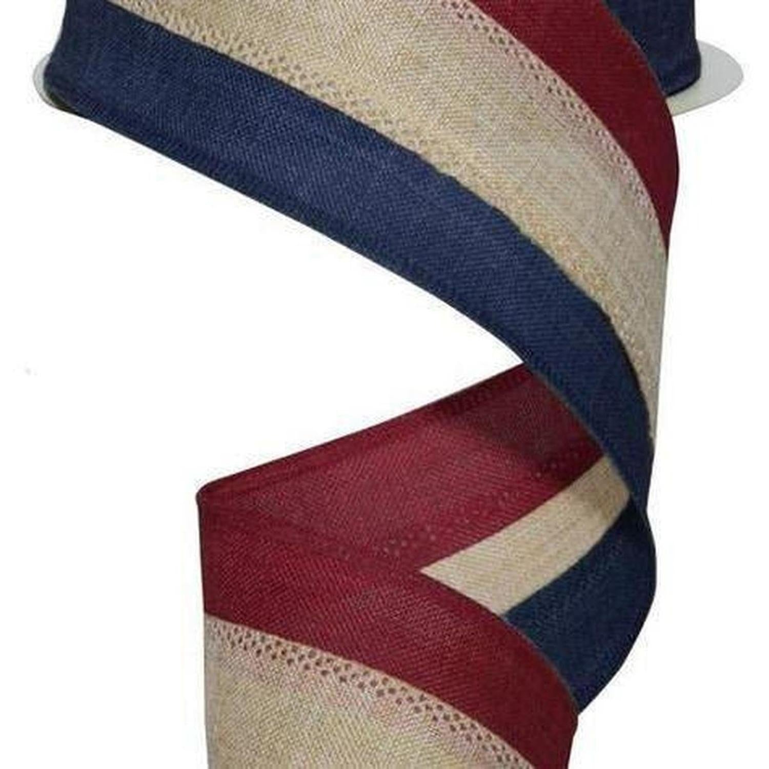 2.5" Faux Burlap Striped Ribbon: Burgundy, Beige, Navy (10 Yards)