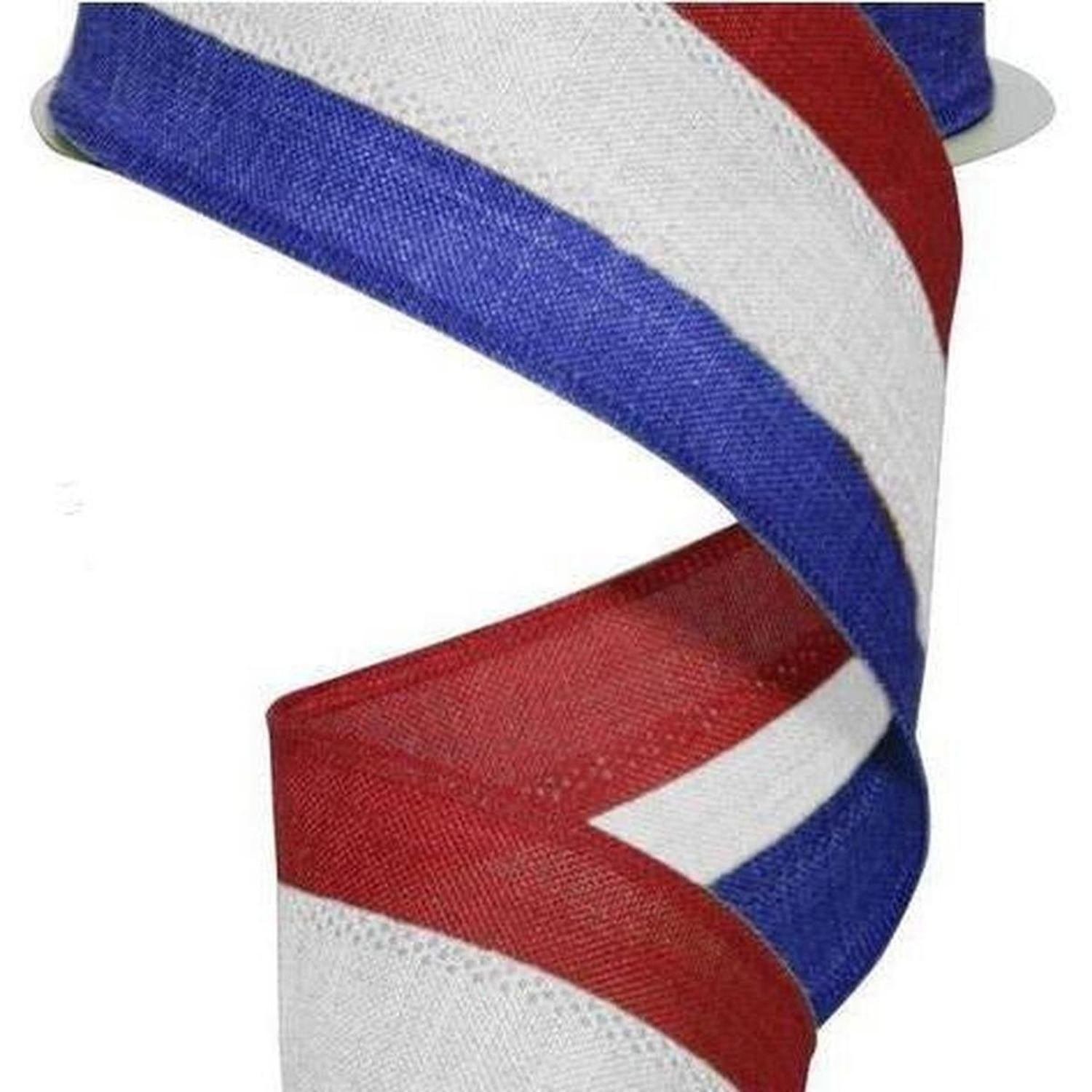 2.5" Faux Burlap Striped Ribbon: Red, White, Blue (10 Yards)