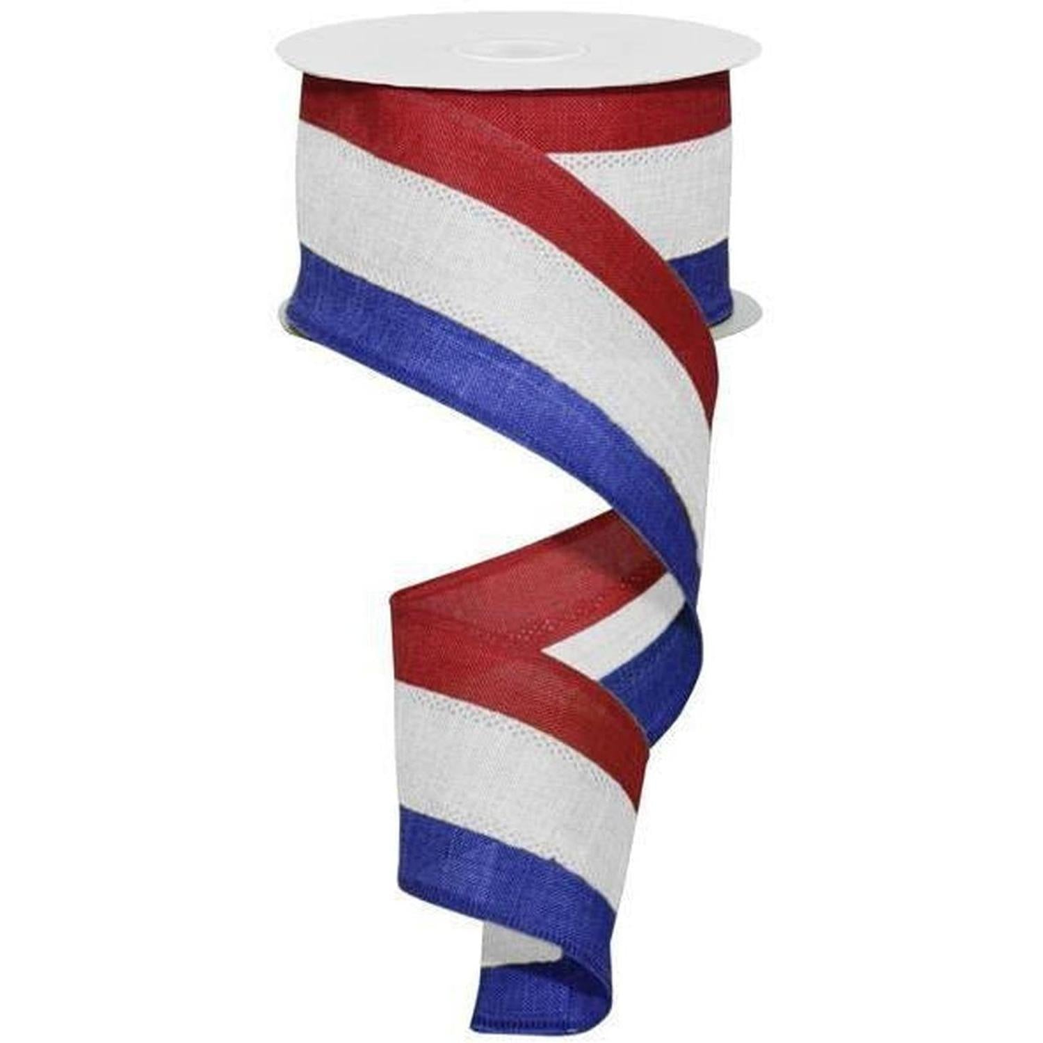 2.5" Faux Burlap Striped Ribbon: Red, White, Blue (10 Yards)