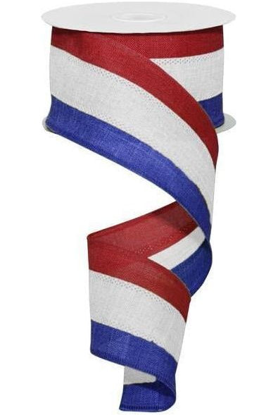 2.5" Faux Burlap Striped Ribbon: Red, White, Blue (10 Yards) - Michelle's aDOORable Creations - Wired Edge Ribbon