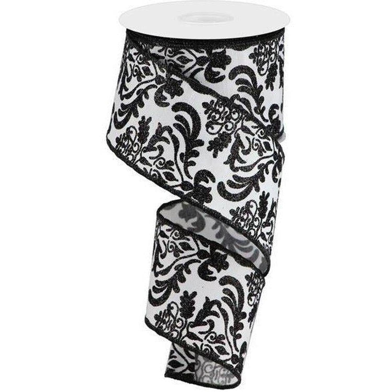2.5" Faux Dupioni Damask Ribbon: Black & White (10 Yards)