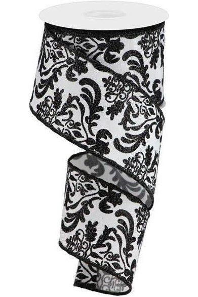 2.5" Faux Dupioni Damask Ribbon: Black & White (10 Yards) - Michelle's aDOORable Creations - Wired Edge Ribbon