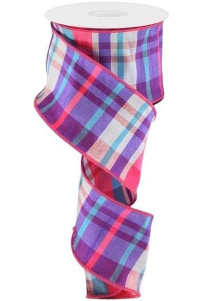 2.5" Faux Dupioni Plaid Ribbon: Hot Pink/Purple/Turquoise (10 Yards) - Michelle's aDOORable Creations - Wired Edge Ribbon