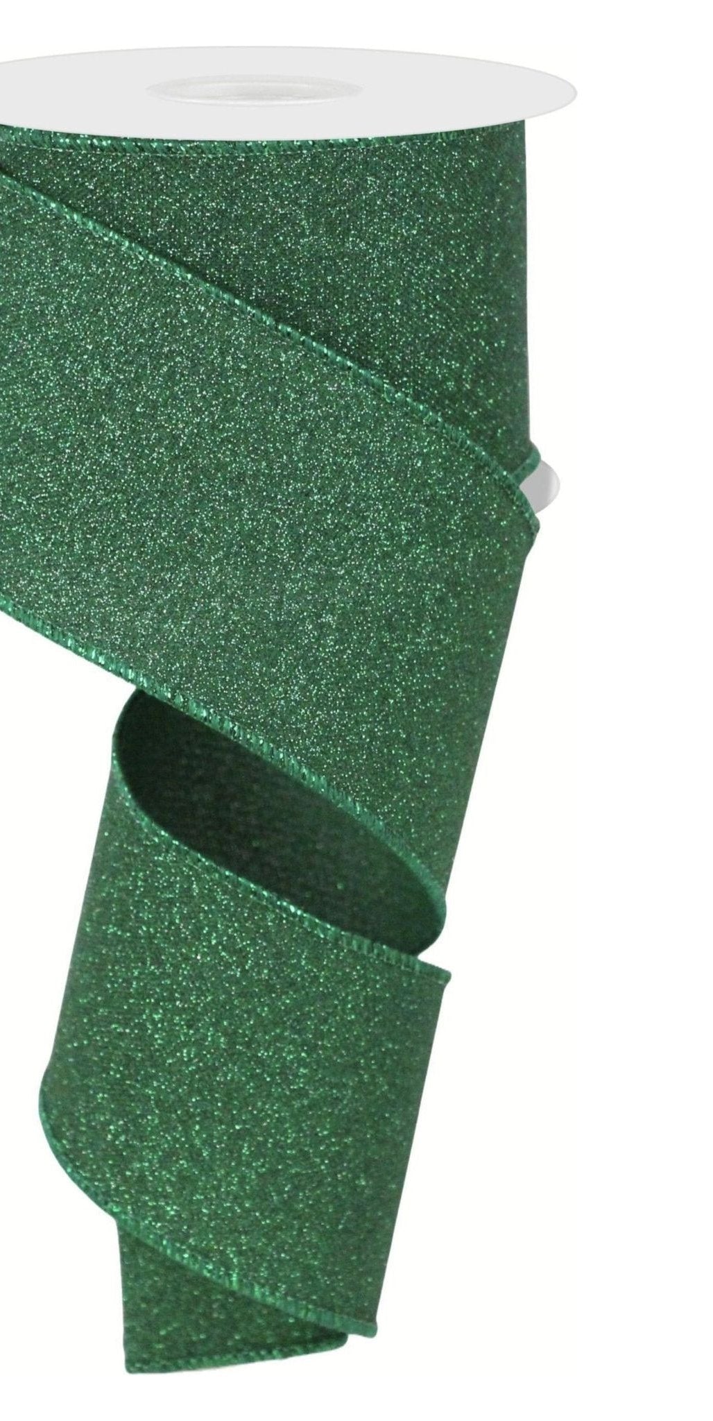 2.5" Fine Glitter On Faux Royal: Emerald Green (10 Yards) - Michelle's aDOORable Creations - Wired Edge Ribbon