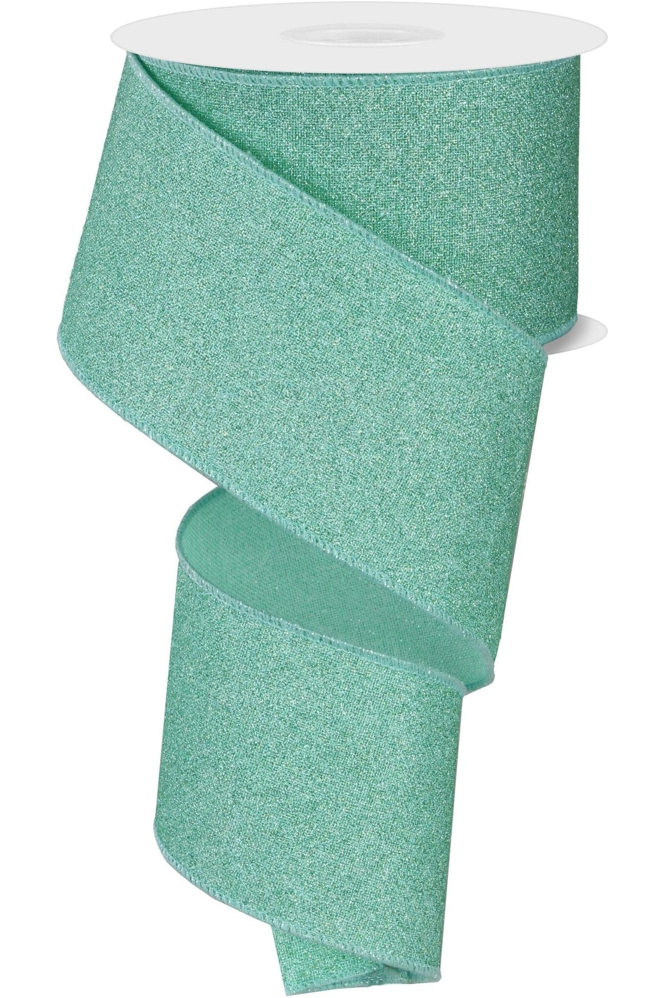 2.5" Fine Glitter on Royal Ribbon: Mint Green (10 Yards) - Michelle's aDOORable Creations - Wired Edge Ribbon