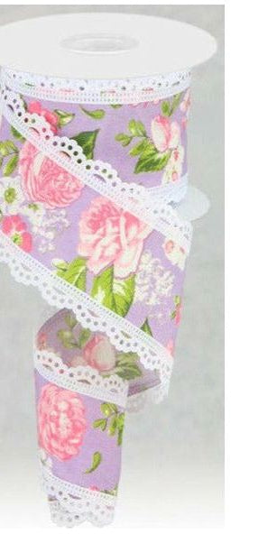 2.5" Floral Lace Ribbon: Lavender (10 Yards) - Michelle's aDOORable Creations - Wired Edge Ribbon
