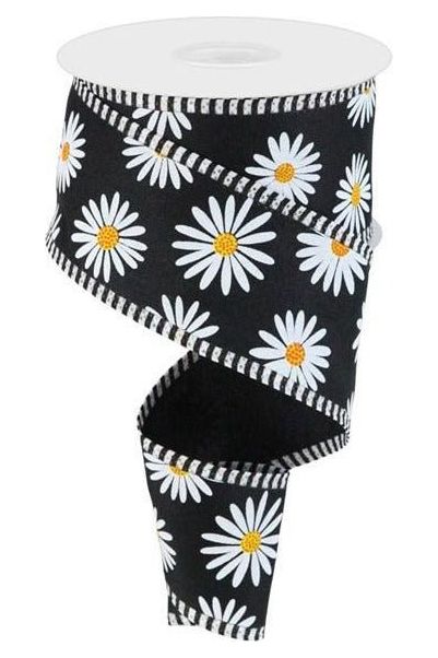 2.5" Flower Daisy Stripe Ribbon: Black (10 Yards) - Michelle's aDOORable Creations - Wired Edge Ribbon