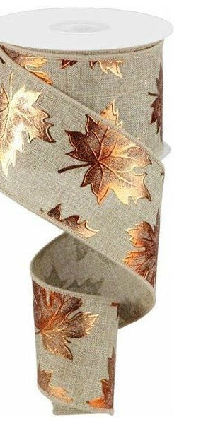 2.5" Foil Maple Leaf Royal Ribbon: Beige (10 Yards) - Michelle's aDOORable Creations - Wired Edge Ribbon