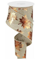 2.5" Foil Maple Leaf Royal Ribbon: Beige (10 Yards) - Michelle's aDOORable Creations - Wired Edge Ribbon