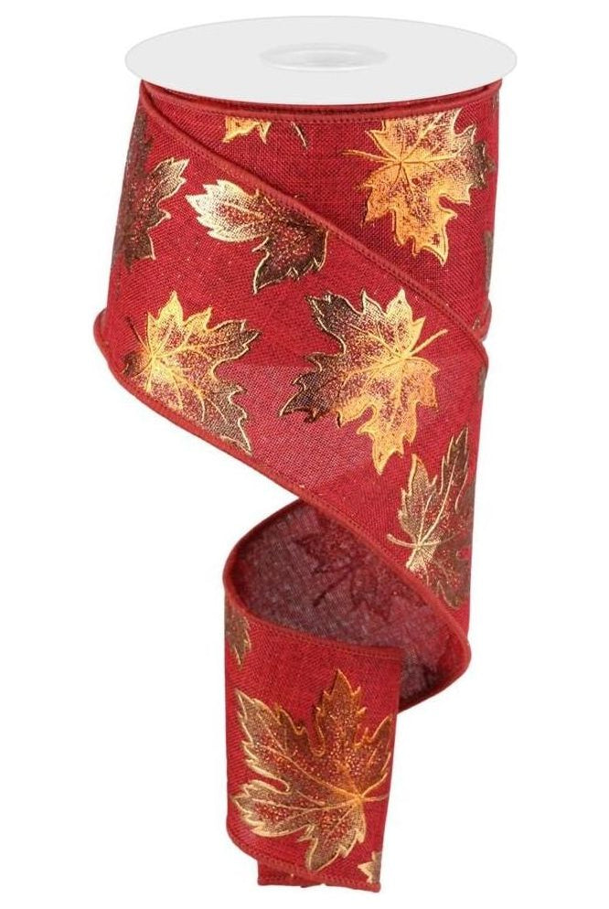 2.5" Foil Maple Leaf Royal Ribbon: Burgundy (10 Yards) - Michelle's aDOORable Creations - Wired Edge Ribbon