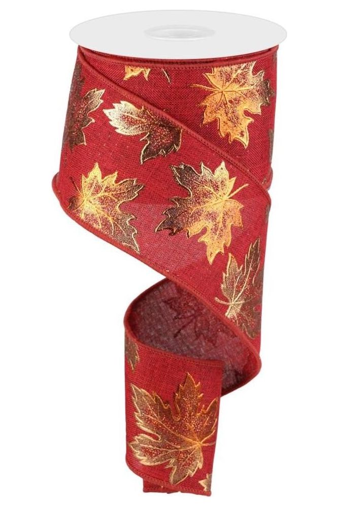 2.5" Foil Maple Leaf Royal Ribbon: Burgundy (10 Yards) - Michelle's aDOORable Creations - Wired Edge Ribbon